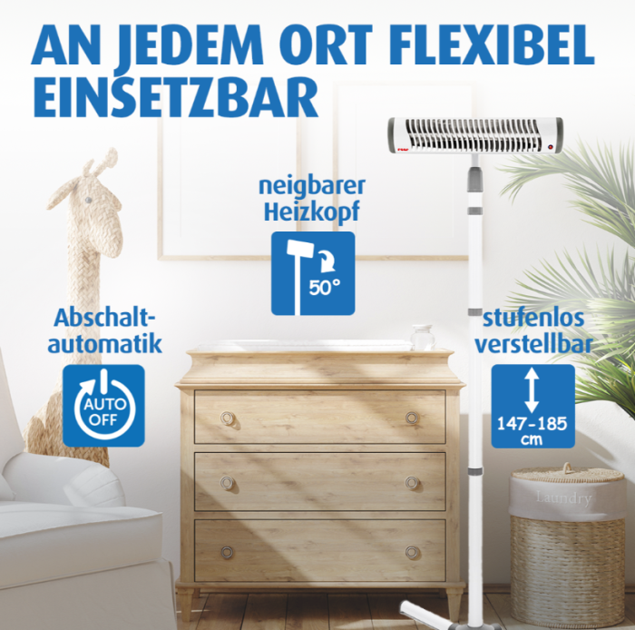 Preview: Sicherheits-Kippschutz und leicht bedienbarer Zugschalter des Reer EasyHeat Flex Wickeltisch-Heizstrahlers.